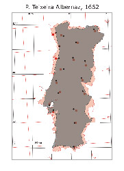 Configuração de Portugal segundo a carta de Pedro Teixeira de 1662 (a vermelho)